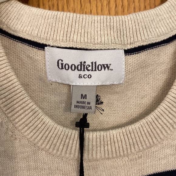 Goodfellow - mens 100% Cotton oatmeal crew neck sweater with dark blue stripes - Picture 2 of 9
